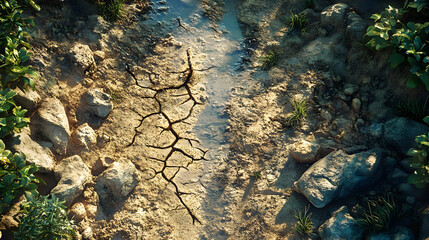 Cracked Earth Texture with Greenery and Rocks.