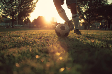 Soccer Player Mid-Kick on Grassy Field with Backlit Action
