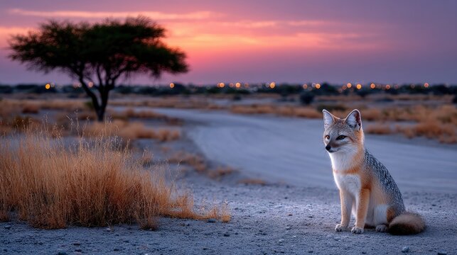 Mongoose Resting on Sandy Ground Near Vegetation with Sunset Background in Namibia Africa