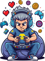 Cartoon gamer character in headset playing video game, energetic pose, vibrant vector illustration for gaming, youth, and digital culture themes