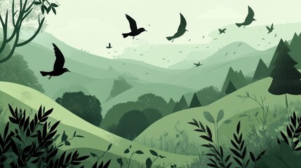 Birds flying over green hills