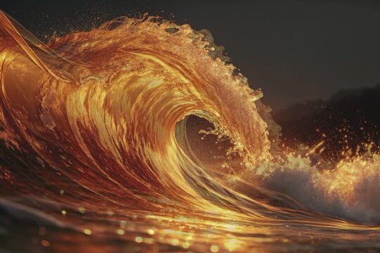 Fiery Crest: Witness the raw power and incandescent beauty of a colossal wave, its crest ablaze with golden light, capturing the dynamic interplay of nature's elements.