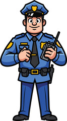 Cartoon police officer character in uniform with walkie-talkie, friendly pose, law enforcement illustration for children’s education and safety campaigns