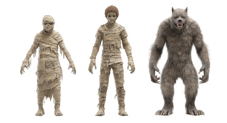 Fototapeta premium Mysterious render of three characters mummy, zombie, and werewolf, showcasing unique designs and textures. Each character embodies distinct horror theme, evoking intrigue and fear