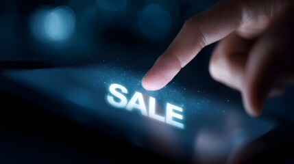 A finger touches the illuminated word SALE on a digital screen symbolizing online shopping and special offers
