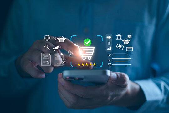 Online commerce concept, customer shopping with smart phone app, add product to digital store cart, buy order confirm, security checkout, ai technology.