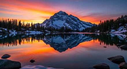Tableau sur plexiglas Réflexion A breathtaking mountain lake scene at sunset, showcasing vibrant colors reflected perfectly in the still water.  © Rio