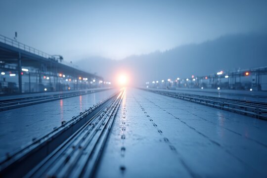 Eerie railway tracks at dawn, illuminated by a distant light, with wet reflections.