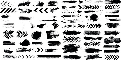 set of black and white silhouettes of various arrow design, stencil marks distress spray paint effected set of brush strokes, Collection of black paint splatters, Unique Grunge Ink Dropped Brushes.