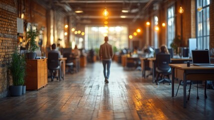 Person walks through a modern office space with desks and brick walls.