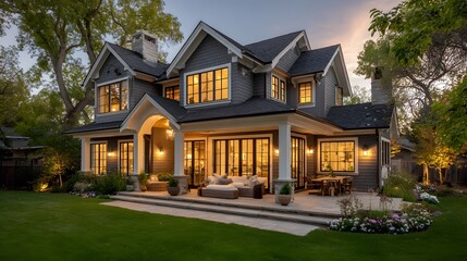 Naklejka premium Exterior shot of a beautiful modern farmhouse at dusk. The interior lights are on, creating a warm, welcoming glow from its many windows and patio.