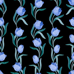 seamless continuous pattern of blue watercolor tulips on a black background.eps