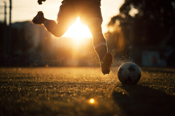 Soccer Player Mid-Kick on Grassy Field with Backlit Action