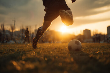 Soccer Player Mid-Kick on Grassy Field with Backlit Action
