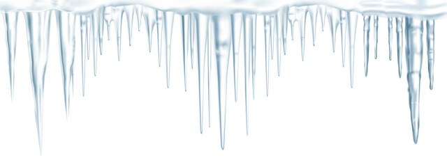 line of icy blue transparent icicles on a transparent background.Close-up, long