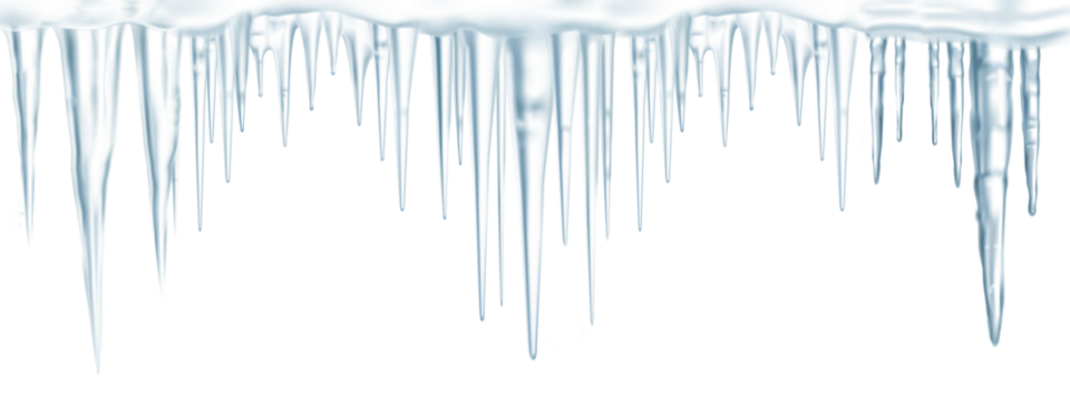 line of icy blue transparent icicles on a transparent background.Close-up, long