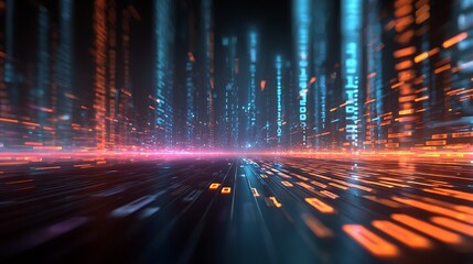 Abstract digital binary code background with glowing light trails, perfect for technology and datadriven presentations