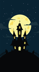 Silhouette of a spooky haunted castle at night under a large moon.