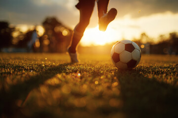 Soccer Player Mid-Kick on Grassy Field with Backlit Action