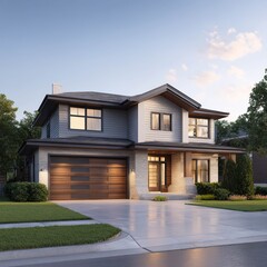 Photorealistic suburban house with modern garage door opening automatically