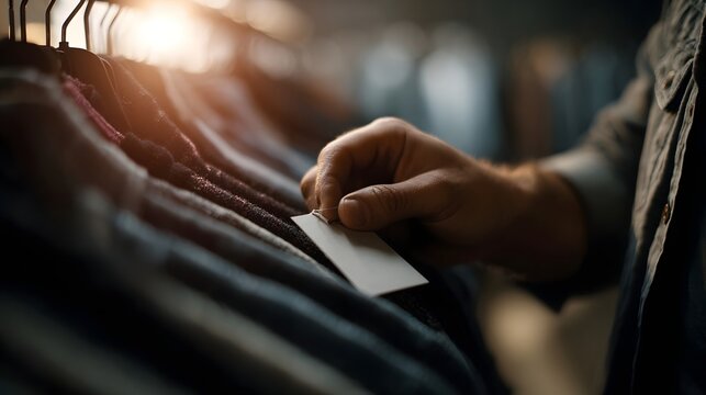 A person s hand examines a blank tag on a clothing item hanging in a retail store illuminated by warm light