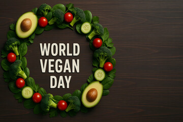 A wreath of fresh vegetables. Vegan Day 2025/2026.  A place to copy. Healthy eating.