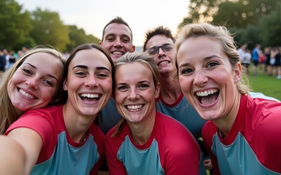 Group of runners taking a cheerful selfie after community run. High quality - Powered by Adobe