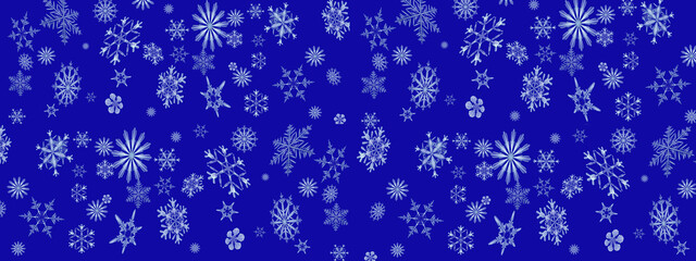 falling blue transparent snowflakes of different sizes on a blue background.Close-up, isolated6