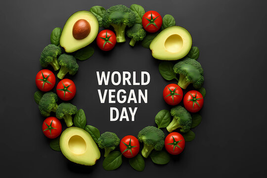 A wreath of fresh vegetables. Vegan Day 2025/2026. A place to copy. Healthy eating. - Powered by Adobe