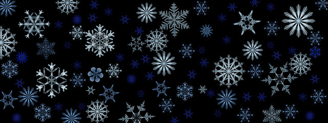 falling blue transparent snowflakes of different sizes on a black background2