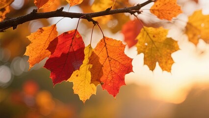 Autumn leaves in vibrant red, orange, and yellow hues on a tree branch with a soft-focus background