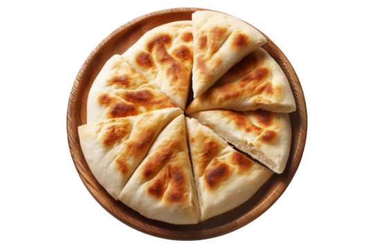 Traditional pita bread or flatbreads pieces, isolated on white transparent background. Concept of Arabic Cuisine and fresh bakery