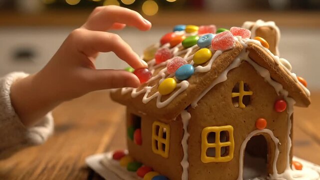 Child decorating gingerbread house with colorful candies at home  