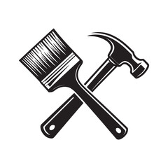 Crossed Hammer and Paint Brush Icon Depicting Home Improvement and Construction Trades in a Bold Black and White Design