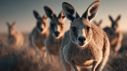 Fototapeta premium Close-up of a kangaroo herd in natural habitat, sunlight beaming on the animals