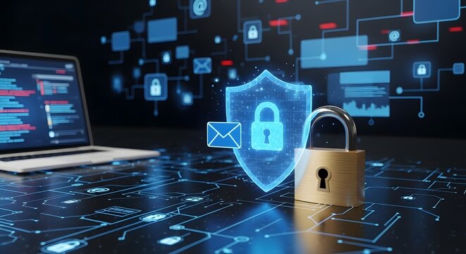 Cybersecurity concept with digital shield, padlock and laptop - Powered by Adobe