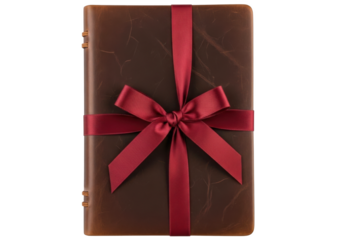 A vintage brown leather bound book tied with a festive red satin ribbon and a bow isolated on transparent background
