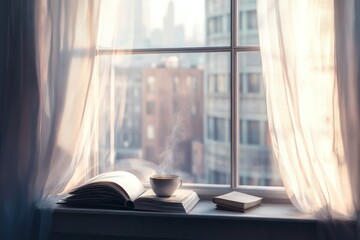 Fototapeta premium Window with sheer curtains and coffee on sill