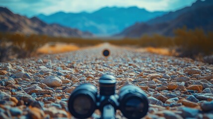 Binoculars point towards a distant object on a rocky path with mountains.