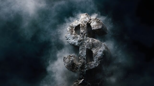 A weathered stone dollar sign symbol disintegrates amid swirling dark dust and smoke against a black background representing financial crisis