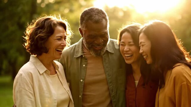 A joyful gathering of four diverse individuals laughing together in a sunlit park, showcasing friendship and connection amidst a serene natural backdrop