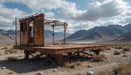 Rusty metal structure stands on a desert platform, framed by a mountain range under a cloudy sky.