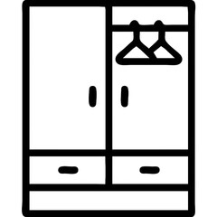 A black and white image of a dresser with a hanging rack on the door