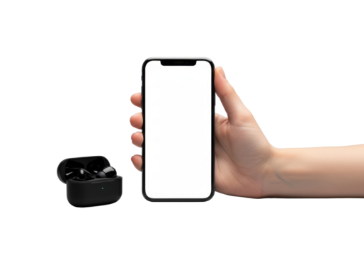 Clean, minimalistic hand presents sleek, black-framed smartphone with blank screen and wireless earbud case, transparent studio background, high-key lighting, concept of minimalist tech elegance