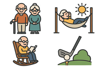 Senior lifestyle and retirement activities icon set. Elderly couple, man in hammock, person reading in rocking chair and golf. Grandparent leisure and hobby vector symbols.