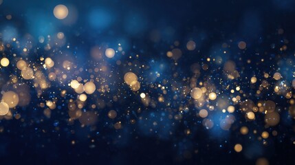 A mesmerizing background of shimmering bokeh lights in warm tones against a dark blue backdrop, creating a dreamy, festive atmosphere.