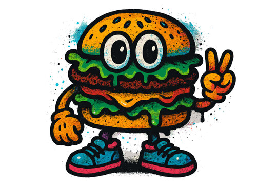 Naklejki Burger character in urban graffiti style. Junk food colorful mascot with round eyes in street art aesthetic. Y2k textured hand drawn vector cartoon illustration for print.