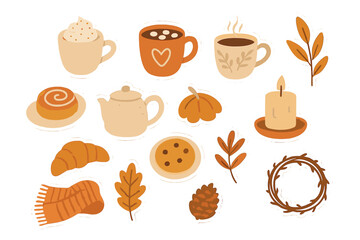 Cozy hygge autumn sticker set. Hand drawn flat vector icons of coffee, cocoa, cinnamon roll, candle, pumpkin and scarf. Fall and winter seasonal elements collection.