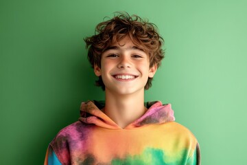 Teenage boy smiling in colorful hoodie