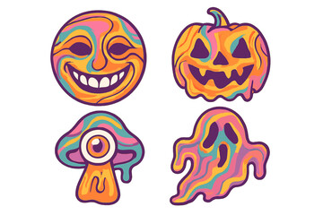 Fototapeta premium Groovy 70s retro Halloween sticker set. Psychedelic surreal icons with melting illusion. Crazy anthropomorphic smile face, spooky ghost, pumpkin, and magic mushroom.